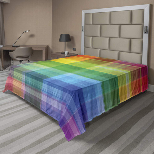 Ambesonne Vintage Rainbow Flat Sheet, Retro Plaid Design Checkered Squares Rainbow Colored Geometric Pattern, Soft Comfortable Top Sheet Decorative Bedding 1 Piece, Queen Size, Multicolor