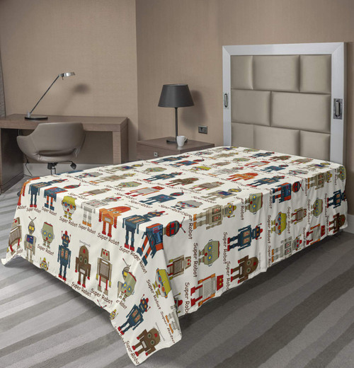 Ambesonne Robot Flat Sheet, Various Different Super Robot Set in Cartoon Style Fantasy Futuristic Machine, Soft Comfortable Top Sheet Decorative Bedding 1 Piece, Twin Size, Dim Cream