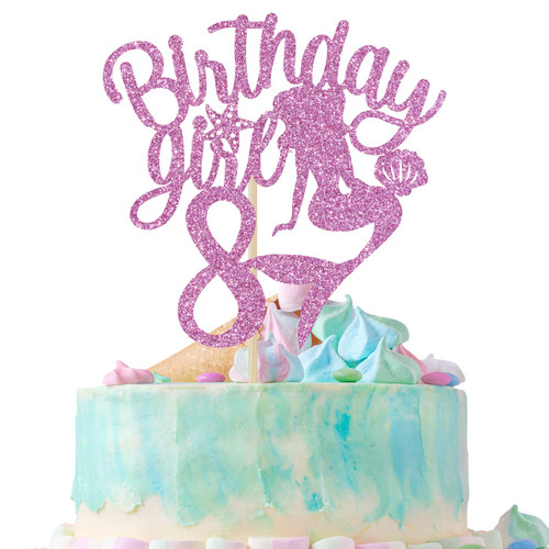 8th Birthday Girl Cake Topper, Mermaid Theme Happy 8th Birthday Cake Decorations, Great to Be 8, 8th Birthday Party Supplies Pink Glitter