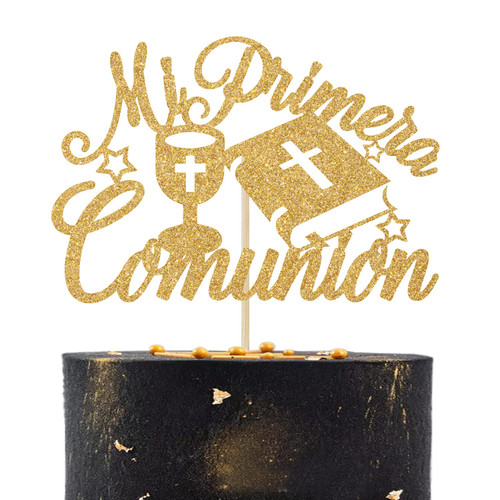Mi Primera Comunion Cake Topper, Spanish My Bapstim, First Holy Communion Decorations, Baby Shower/Boys Girls 1st Birthday Party Decorations Gold Glitter
