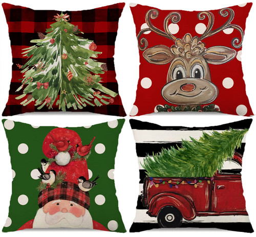 Merry Christmas Pillow Covers 18x18 Inch Set of 4 Polka Dot Buffalo Plaid Watercolor Christmas Tree Truck Santa Bird Deer Winter Holiday Decorative Throw Pillow Cases Xmas Decoration for Sofa Couch Merry Christmas Pillow Covers 18x18 Inch Set of 4 Polka Dot Buffalo Plaid Watercolor Christmas Tree Truck Santa Bird Deer Winter Holiday Decorative Throw Pillow Cases Xmas Decoration for Sofa Couch