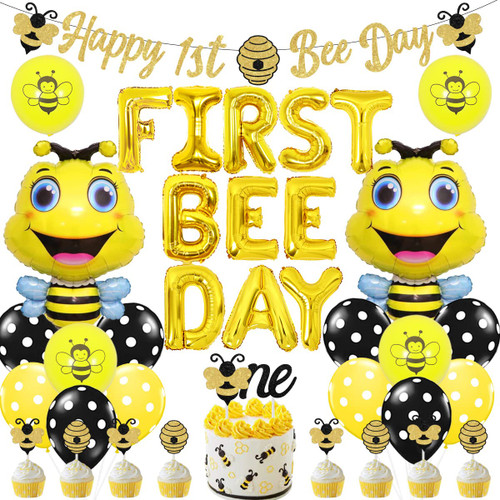 Bee 1st Birthday Party Decorations for Boys Girls, Bumble Bee Foil Balloons, First Bee Day Balloons, Bee Honey Theme Cake Toppers, Happy 1st Bee Day Banner for Bumble Bee 1 Year Old Birthday Party
