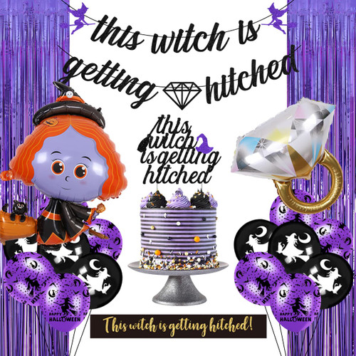 This Witch is Getting Hitched Bachelorette Decorations Halloween Bachelorette Hen Decorations Purple Black This Witch is Getting Hitched Banner Cake Topper Sash Witch Diamond Ring Balloon Rain Curtain