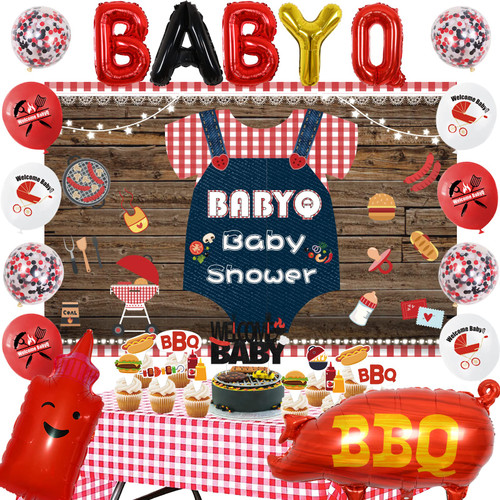 BBQ Baby Shower Decorations, Baby Q Party Decorations with Barbecue Themed Baby Shower Backdrop, Red Checked Tablecloth, Baby Q Cupcake Toppers Foil balloons for Picnic Party Decor