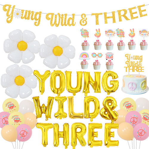 Three Groovy Birthday Decorations, Young Wild and Three Groovy Party Decorations, Groovy 3rd Birthday Supplies with Young Wild and Three Banner Cake Toppers Foil Balloons Three Groovy Birthday Decorations, Young Wild and Three Groovy Party Decorations, Groovy 3rd Birthday Supplies with Young Wild and Three Banner Cake Toppers Foil Balloons