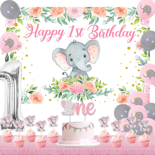 Elephant 1st Birthday Party Decorations Girl - Happy 1st Birthday Backdrop, Elephant One Cake Topper, Cupcake Toppers, Balloons, Pink Elephant Theme First Birthday Party Supplies Elephant 1st Birthday Party Decorations Girl - Happy 1st Birthday Backdrop, Elephant One Cake Topper, Cupcake Toppers, Balloons, Pink Elephant Theme First Birthday Party Supplies