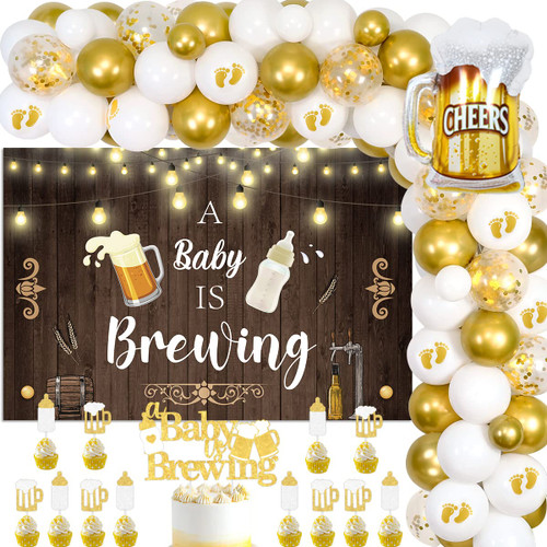 A Baby is Brewing Baby Shower Decorations Beer - White and Gold Balloon Garland with Backdrop, Cake Topper, Foil Balloon, Diaper Party Decorations for Gender Reveal Pregnancy Celebration A Baby is Brewing Baby Shower Decorations Beer - White and Gold Balloon Garland with Backdrop, Cake Topper, Foil Balloon, Diaper Party Decorations for Gender Reveal Pregnancy Celebration