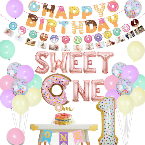 Sweet One Donut 1st Birthday Party Decorations Set for Girls, 12 Months Photo Banner, Cake Topper, Happy Birthday High Chair Banner and Balloons, Donut Theme First Birthday Party Supplies