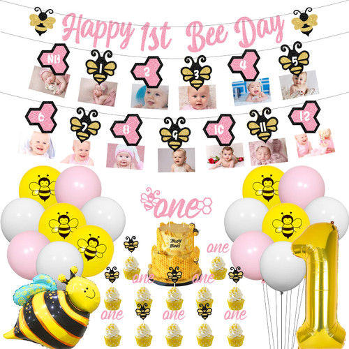 Bee Theme 1st Birthday Decorations for Girls - Happy 1st Bee Day Banner Bumble Bee Cake Cupcake Topper Bee Monthly Photo Banner Gold Number ONE and Bumble Bee Balloons, First Birthday Party Supplies