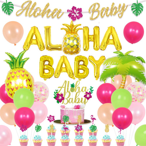 Aloha Baby Shower Decorations Tropical Hawaiian Flamingo Aloha Luau Party Decorations Aloha Baby Shower Banner Cake Topper Coconut Tree Pineapple Foil Balloons for Summer Beach Theme Party