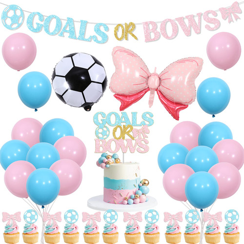 Soccer Gender Reveal Decorations - Goals or Bows Gender Reveal Banner Cake Cupcake Topper, Blue and Pink Balloons Soccer Bow Tie Foil Balloon for Baby Shower Soccer Theme Gender Reveal Decorations