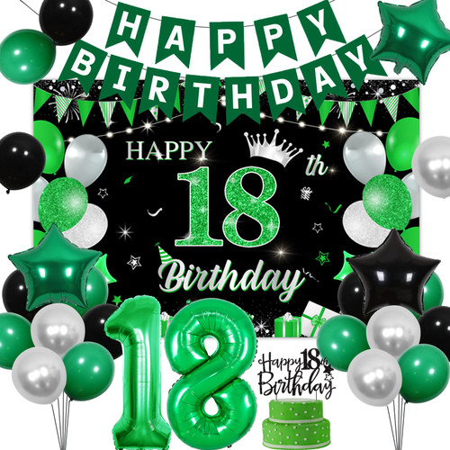 Green and Black 18th Birthday Decorations Time to Adult 18 Years Old Birthday Decorations Happy 18th Birthday Cake Topper Backdrop Happy Birthday Banner Foil Balloons