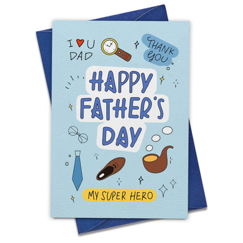 WaaHome Happy Fathers Day Card from Daughter Son, I Love Dad My Super Hero Fathers Day Gift Card for Dad from Kids, Fathers Day Gift Card for Men, Dad Birthday Card with Envelope