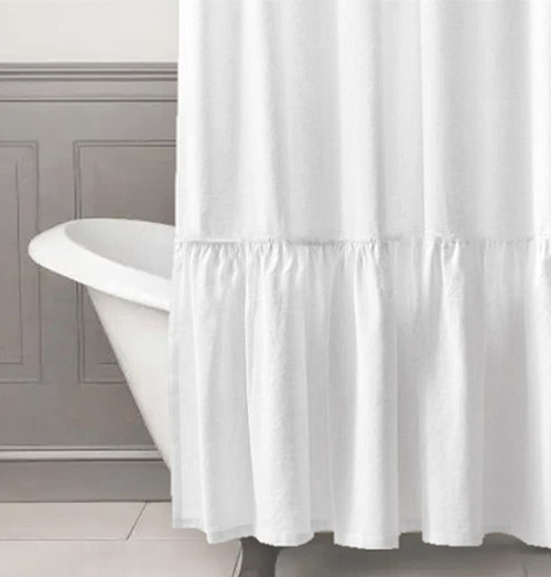 Felisa White Farmhouse Boho Shower Curtain with A Ruffle Hem, Linen Blend Shower Curtain for Bathroom,72"x72"