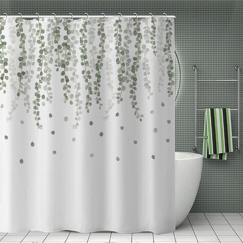 Green Leaves Fabric Shower Curtain, Floral Eucalyptus Watercolor Spring Botanical Bathroom Curtain Waterproof Plant Bath Curtains Washable Floral Nature Decorative Bathroom Shower Curtain with Hooks