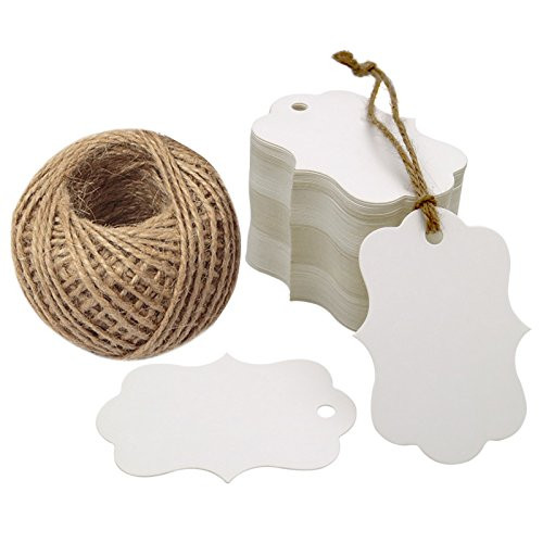 G2PLUS 100 PCS White Paper Gift Tags, 2.75''x 1.97'' Kraft Blank Hang Tags with 100 Feet Jute Twine (White)