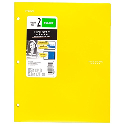 Five Star 2 - Pocket Folder, Stay-Put Tabs, Plastic,(38060)(Yellow)
