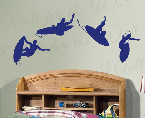 Surfing Wall Decal - Vinyl Graphic Mural Silhouette Beach Kids Boy Room Nursery Playroom - Sticker Art Decor Large Decoration Sign
