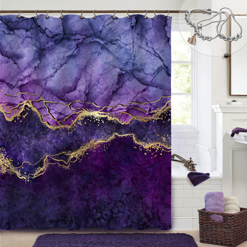 Gibelle Purple Marble Abstract Gold Purple Shower Curtains for Bathroom Decor, Modern Luxury Elegant Art Decorative Waterproof Fabric Shower Curtain Set with Hooks, 72 x 72