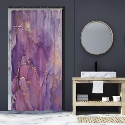 Gibelle Small Stall Shower Curtain 36 x 72, Narrow Half Purple Marble Shower Curtain Set, Abstract Ink Art Lavender Gold Watercolor Elegant Waterproof Fabric Shower Curtains for Modern Bathroom Decor