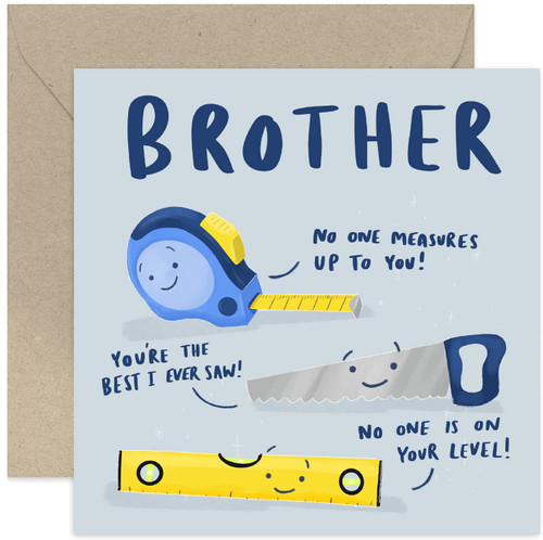 Old English Co. No One Measures Up To You Card for Brother - Special Birthday Card for Brother from Sister Sibling - Birthday Greeting Card for Him - Fun DIY Tool Pun Card | Blank Inside with Envelope