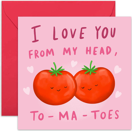 Old English Co. Cute Anniversary Card for Husband or Wife - 'Love You From My Head Tomatoes' Funny Valentine's Day Card for Boyfriend Girlfriend | Blank Inside with Envelope