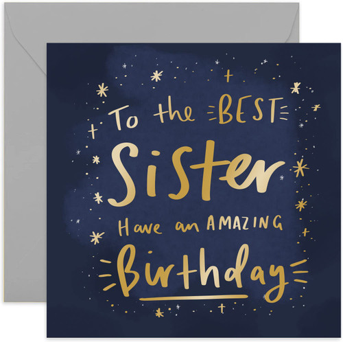 Old English Co. Amazing Birthday Best Sister Card - Stylish Gold Cosmic Stars Greeting Card for Women Birthday | Birthday Card for Sister from Brother Sibling | Blank Inside & Envelope Included