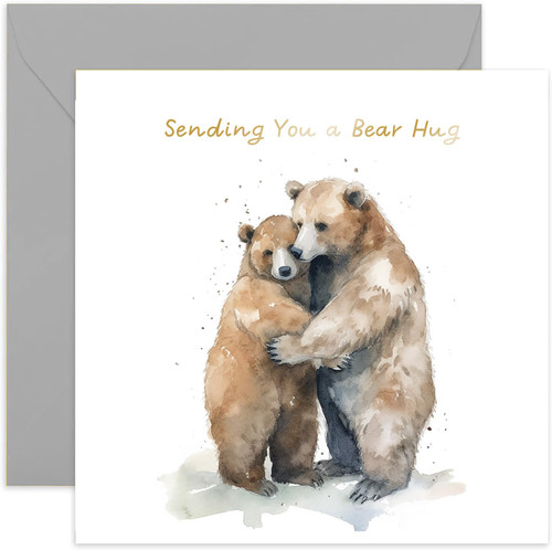Old English Co. Watercolour Bear Hug Thinking of You Card for Him or Her - Miss You Card for Friends Family - Feel Better Soon, Sympathy, Condolences, Get Well | Blank Inside with Envelope