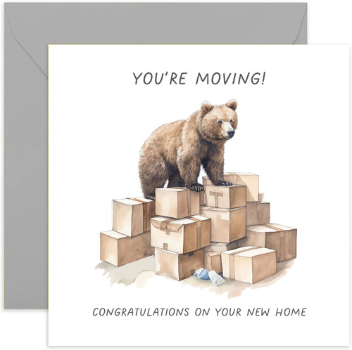 Old English Co. Fun Brown Bear New Home Card for Couple - 'You're Moving' Bear Moving Boxes Housewarming Card for Him and Her - Cute Housewarming Card for Friends Family | Blank Inside with Envelope
