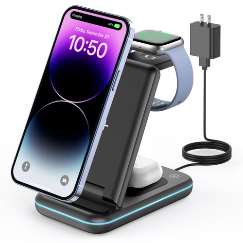 3 in 1 Wireless Charging Station, GEEKERA Wireless Charger Stand for iPhone 14 13 12 11 Pro Max, Charging Station for Multiple Devices for Apple Watch for AirPods 3/Pro/Pro 2