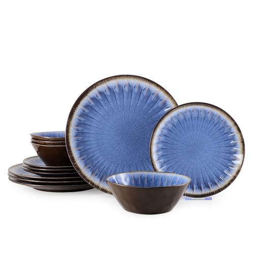Gufaith Melamine Dinnerware Sets, Plates and Bowls Sets, Outdoor Dishes Sets, Melamine Plates, Serving Dishes for Entertaining, Dishwasher Safe, BPA Free 12 Pcs(Classic Blue)