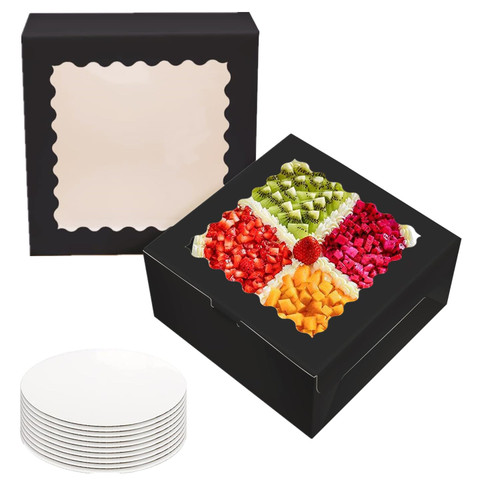 GUIFIER 10 PCS Cake Boxes 10 inch with Cake Boards & Black Ribbon, Bakery Boxes with Window 10x10x5 Inches, Cake Containers, Cookie Boxes, Large Pastry Boxes for Cakes, Cookies, Pastries, Pie (Black)