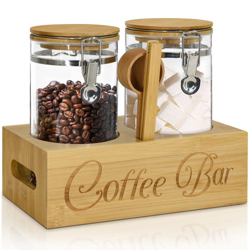 Glass Storage Container with Shelf,2x45 Floz Coffee Bean Storage with Airtight Locking Clamp and Bamboo Lids,Coffee Canister Set with Spoon and Tong,Food Storage Jar for Ground Coffee,Coffee Powder