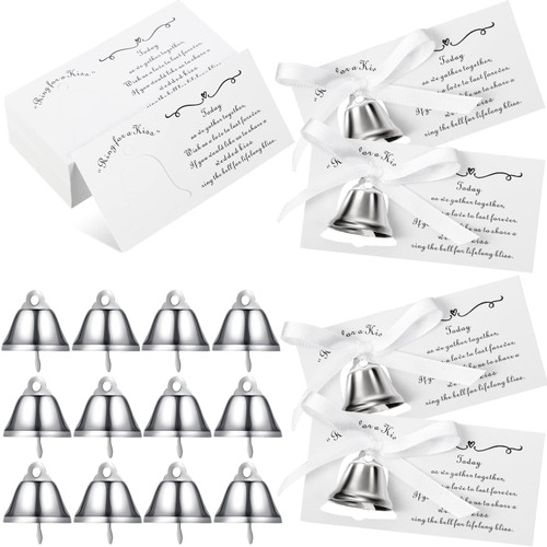 Glenmal 120 Pieces Metal Wedding Kissing Bells with Poem Cards Wedding Favors Set Silver Wedding Kissing Bells Wedding Souvenir for Guests Wedding Reception Party Supplies Souvenir Gift Favors
