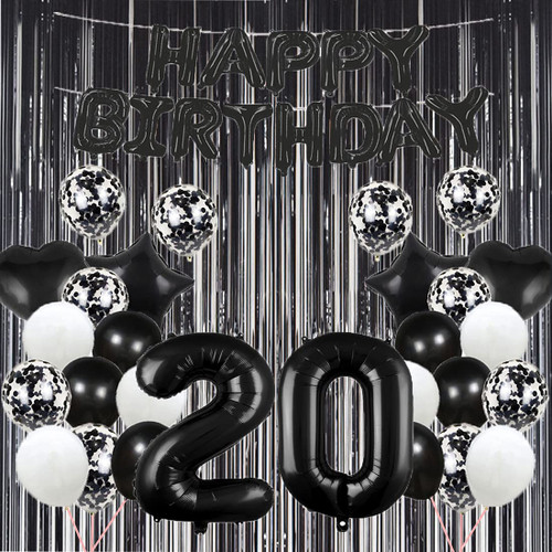 20th Birthday Balloon 20th Birthday Decorations Black 20 Balloons Happy 20th Birthday Party Supplies Number 20 Foil Mylar Balloons Latex Balloon Tassels Foil Fringe Curtains Photo Backdrop