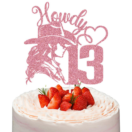 Cowgirl Happy 13th Birthday Cake Topper, Official Teenager, 13 Years Old, Cowgirl Themed Birthday Party Decorations (Pink Glitter)