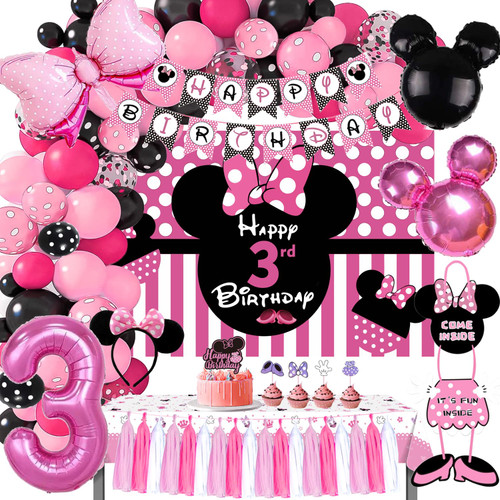 GREPARPY Minnie 3rd Birthday Party Supplies Decorations, Minnie Three Birthday Decorations Include Banner, Balloon Arch, Backdrop, Door Hanger, Tablecloth, Headband, Cake Toppers, Highchair Banner GREPARPY Minnie 3rd Birthday Party Supplies Decorations, Minnie Three Birthday Decorations Include Banner, Balloon Arch, Backdrop, Door Hanger, Tablecloth, Headband, Cake Toppers, Highchair Banner