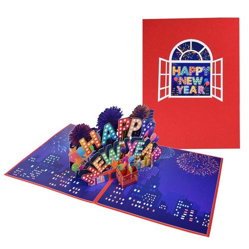 GREETING ART Happy New Year Pop Up Card, Christmas Popup Card- 8x6 Holiday Card,Happy New Year Card,3D Pop Up Christmas Greeting Card,With Message Note & Envelope