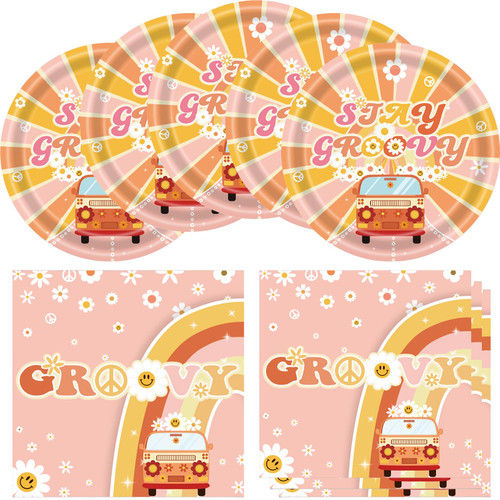 Groovy Party Decorations Plates and Napkins Sets, 20 Plates and 20 Napkins, for Girls Two Groovy One Groovy Daisy Hippie Theme Birthday Party Decorations
