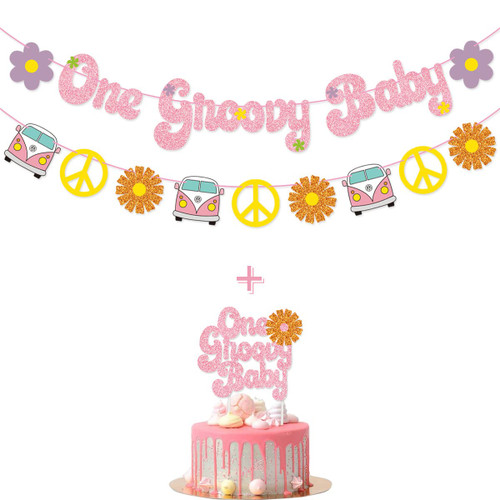 One Groovy Baby Banner One Groovy Baby Cake Topper for Groovy First Birthday Hippie Baby Birthday Party Decorations