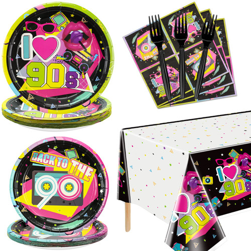 90s Party Supplies Serve 20 - 81Pcs Plates Napkins Tablecloth Forks Set for Back to the 90s Party Decorations, 90s Theme Birthday Party Supplies