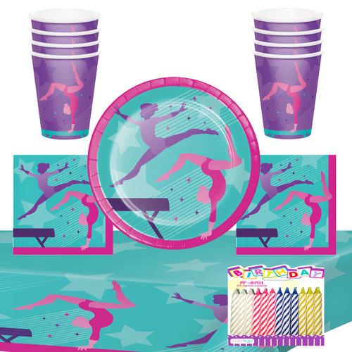 Gymnastics Party Supplies Pack Serves 16: Birthday Party Supplies - Gymnast - Gymnastics 9" Plates Luncheon Napkins Cups and Table Cover with Birthday Candles (Bundle for 16)
