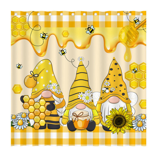 Gnome Bee Shower Curtain, Spring Summer Daisy Sunflower Floral Shower Curtain, Yellow Buffalo Plaid Shower Curtain Set, Sweet Honey Bee Decor Waterproof Bathroom Decoration Bathtub Decor 72"x72"
