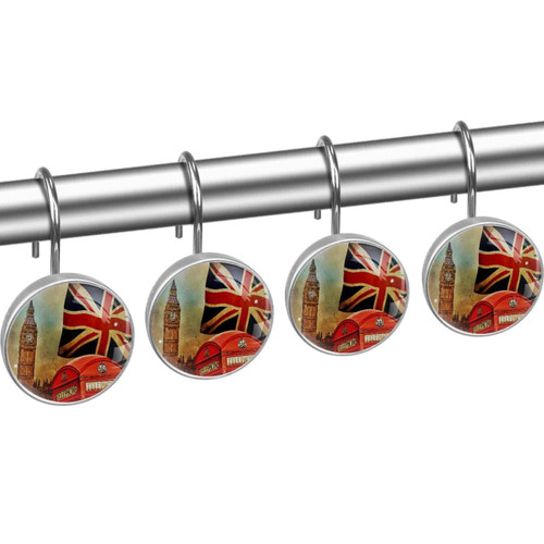 Shower Curtain Hooks, Rust Proof Decorative Shower Curtain Hooks Hangers for Bathroom Curtains, Clothing, British Flag Pattern Vintage Architecture