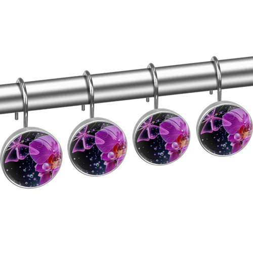 Shower Curtain Hooks, Rust Proof Decorative Shower Curtain Hooks Hangers for Bathroom Curtains, Clothing, Butterfly Purple Phalaenopsis Flower Modern