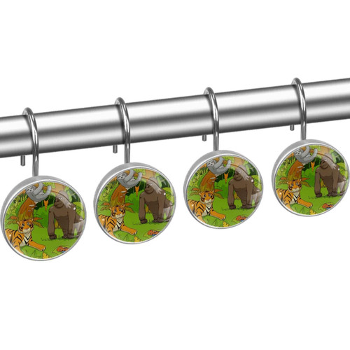Shower Curtain Hooks, Rust Proof Decorative Shower Curtain Hooks Hangers for Bathroom Curtains, Clothing, Cartoon Tropical Animal Tiger Sloth Parrot