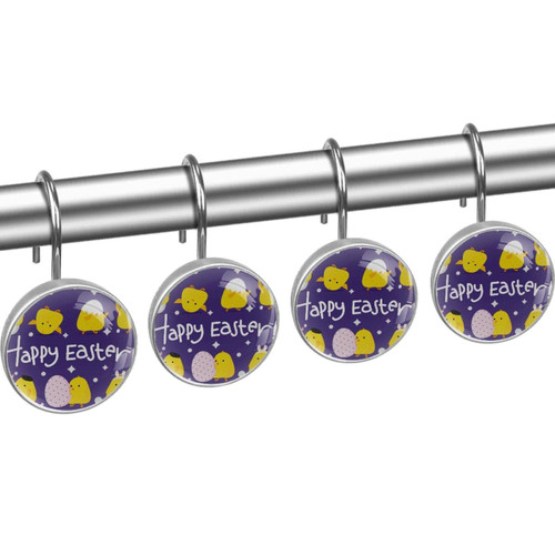 Shower Curtain Hooks, Rust Proof Decorative Shower Curtain Hooks Hangers for Bathroom Curtains, Clothing, Happy Easter Cartoon Chick and Egg