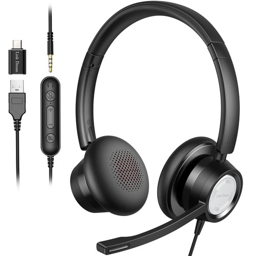 Link Dream USB Headset with Microphone Wired Computer Headset 3.5mm / USB/Type C with Noice Cancelling Mic for Computer, Laptop, PC, Cell Phone, Call Center, Skype, Zoom, Webinar