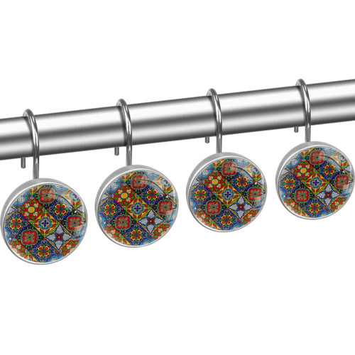 Shower Curtain Hooks, Rust Proof Decorative Shower Curtain Hooks Hangers for Bathroom Curtains, Clothing, Moroccan Pattern Patchwork Flower Vintage Ethnic