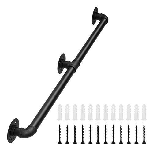 Pipe Stair Handrail, 5 Feet Staircase Handrail Wall Mount Industrial Iron Metal Railing Non-Slip Grab Bar Stairs Porch Deck Hand Rail, Round Corner Wall Handrailings for Indoor Outdoor, Matte Black